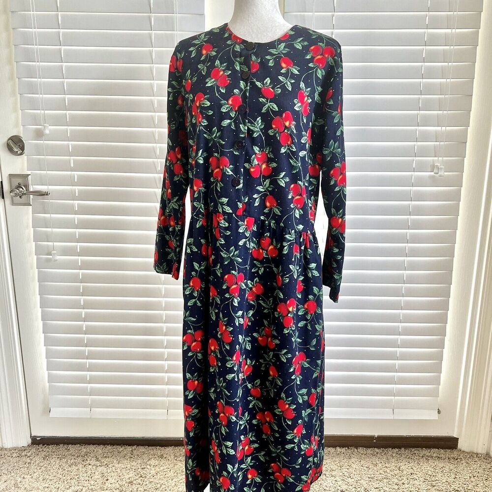 Vintage PLAYCLOTHES Medium Navy Apple Garden Farmers Market Jumper Maxi Dress